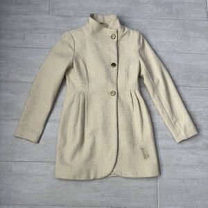 Jessica Simpson Jacquard Wool Coat Beige Gold Buttons Pockets Lined Long Jacket